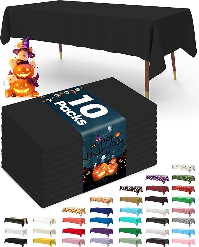 Pureegg Plastic Table Cloth Disposable 10 Pack, 54 x 132 Inch Table Cloths, Halloween Party Decorations, Summerween Decor, Halloween Tablecloths, Rectangle, Plastic Cover, Leakproof & Sturdy, Black