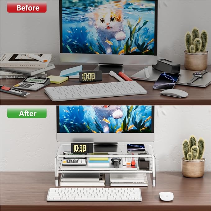 Acrylic Monitor Stand, 2-Tier Clear Monitor Riser Computer Stand for Office, Home, 5.12 Inches High PC Desk Stand for Keyboard Storage, Premium Platform for Laptop Printer TV Screen