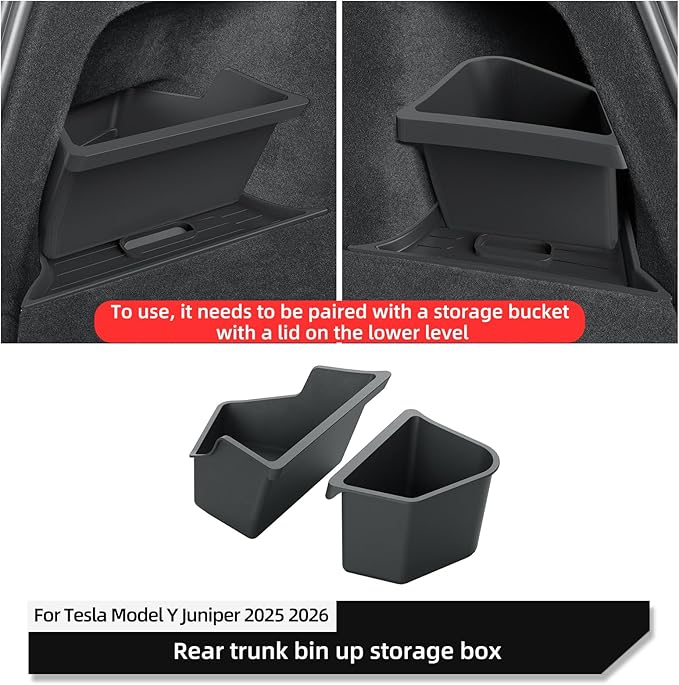 LUCKEASY 2PCS Trunk Corner Up Storage Box for Tesla Model Y Juniper 2025 2026 Need Lid Under Box Trunk Storage Bins for Model Y Juniper Accessories TPE Black