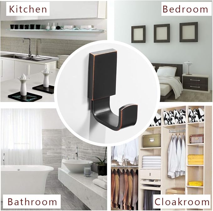 BESy Brass Clothes Hook Single Towel Hook for Bathroom Kitchen Garage Square Style Robe Hooks Coat and Hat Hook, Self Adhesive or Wall Mounted with Screws, Oil Rubbed Bronze