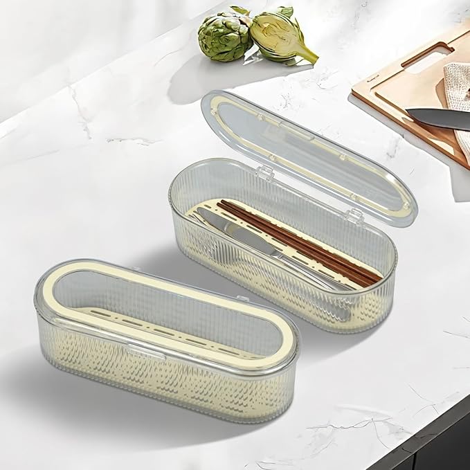 Flatware Tray with Lid, Silverware Tray Kitchen Cutlery Tray and Utensil Storage Container for Flatware and Silverware (Transparent Ripple)