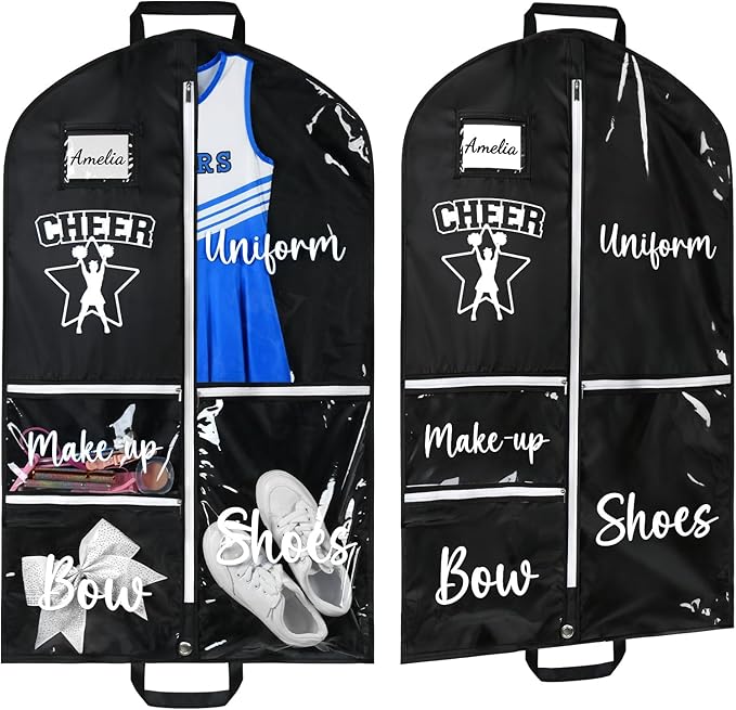 DEEKA Cheer Garment Bag for Hanging Clothes with Zipper Pockets Cheer Accessories Mom Essentials Uniform Costume 40 Inch Black Bags Stuff for Cheerleading Girls (Black,White-Cheer Star Logo)
