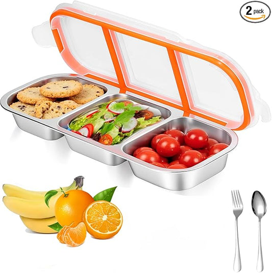 1PC 3 Compartment Grab and Go Snack Containers with Spoon Fork, Reusable Stainless Steel Snack Containers with Lids, Double Compartment Condiment Container for Travel and Outdoor Camping (3)