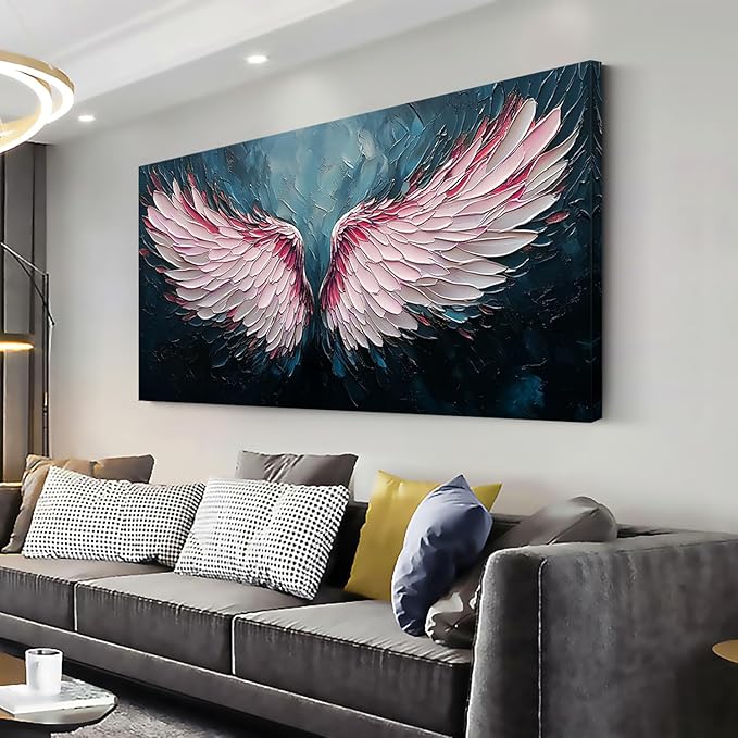 ZESTRILIA Angel Wings Wall Art for Girls Room Pink Navy Blue Canvas Oil Painting Prints Modern Abstract Fantasy Anime Artwork Living Bedroom Office Decor Extra Large (58x28 Inches)