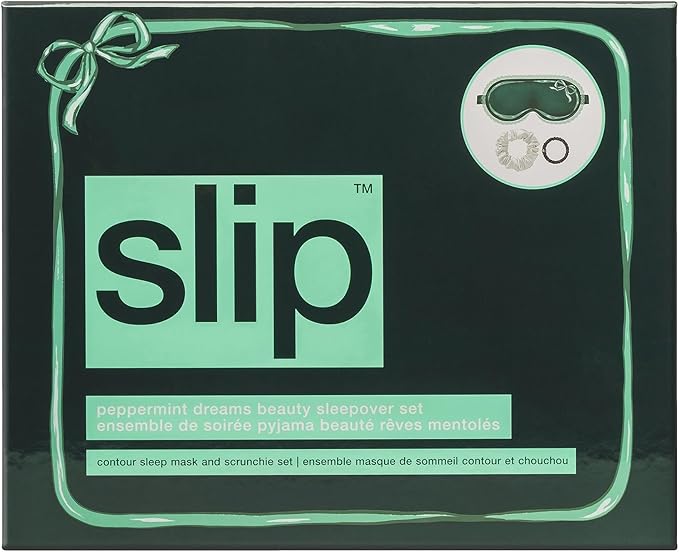 slip Peppermint Dreams Beauty Sleepover Set – Evergreen Contour Sleep Mask with Lace Trim, White Large Silk Scrunchie & Black Skinny Scrunchie – Limited Edition Gift Set