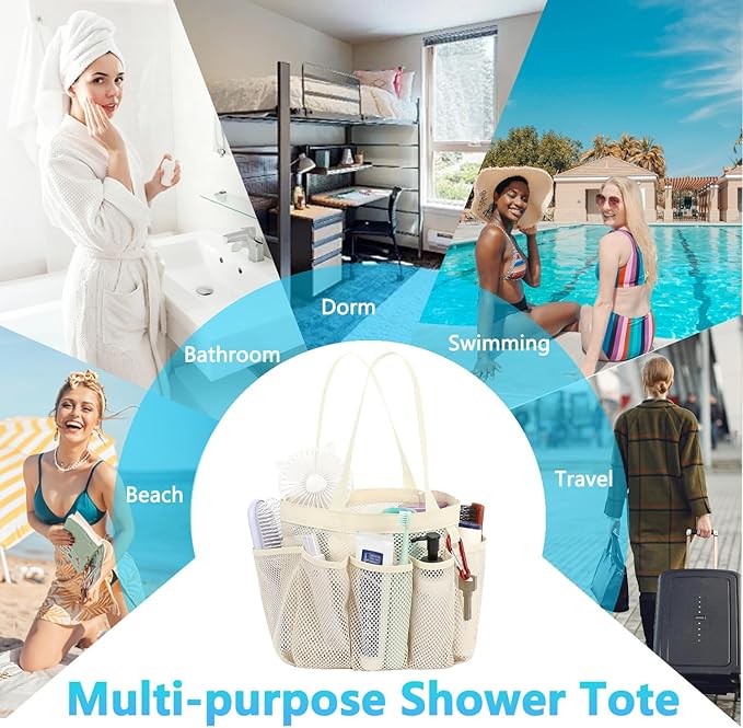 Fammart Mesh Shower Caddy Portable for College Dorm Room Essentials, 8-Pocket Large Shower Basket Tote Bag with 2 Handles for Toiletry, Bathroom, Beach, Camp, Gym