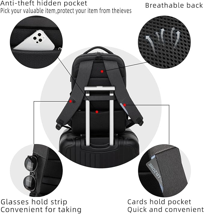DUSLANG 17 Inch Laptop Backpack for Travel Water Resistant College Backpack for Men Women Laptop Bag with USB Charging Port with Black Lock, Black