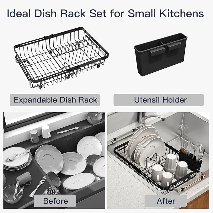 MAJALiS Small Expandable Over The Sink Dish Drying Rack Drainer In Stainless Steel Metal For Kitchen, Counter Space Saving Compact Plate Dryer Strainer Adjustable Hanging Inside Sink Wire Drain Holder