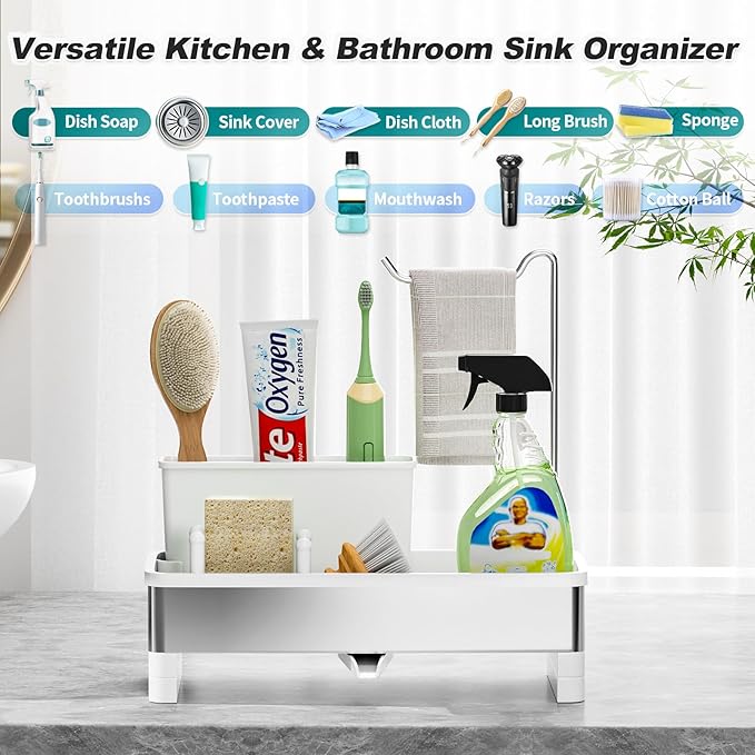 Stainless Steel Sink Caddy, Sponge Holder for Kitchen Sink with Brush Holder & Dishcloth Rack, Rustproof Sink Organizer Countertop, Kitchen Organizers Storage Essentials (E-White)