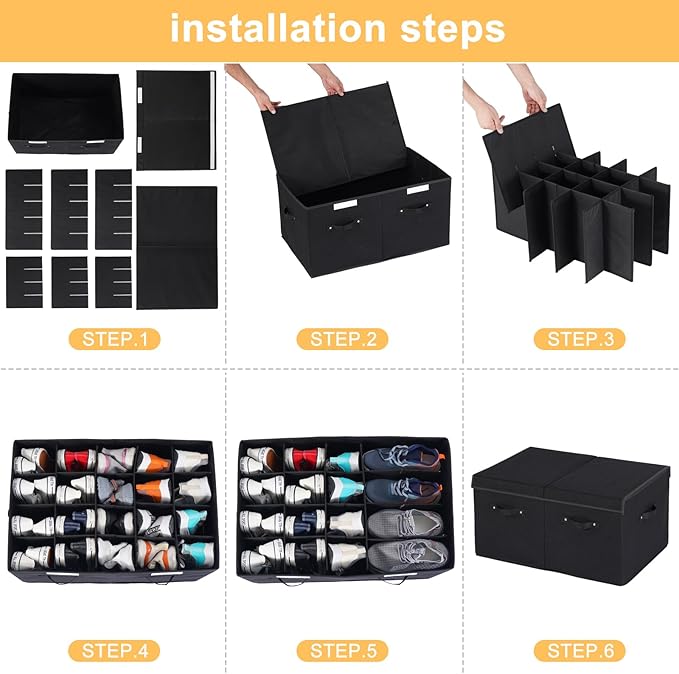 Large Shoe Organizer for Closet Fits 20 Pairs, Shoe Storage Box Bins Containers with Lid and Adjustable Dividers for Shoes, Sneakers and High Heeled, Hard Shell and Stackable (Black)