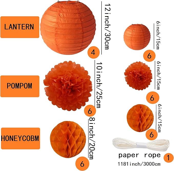 WOLHOWLTD Orange Paper Decoration Set - 34 Pcs Paper Lanterns, Pompoms, Honeycomb for Wedding,Harvest, Halloween,School Day,Bridal Baby Shower,Rainbow Birthday Party Classroom,Home Decoration (orange)