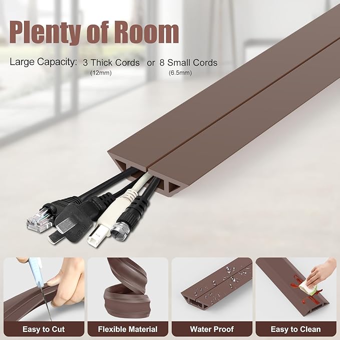 Eapele 10 ft Floor Cord Cover Heavy Duty Cable Protector, Cord Covers for Wires on Floor, Floor Cable Cover Easy to Unroll Prevents Trip Hazards for Home Office or Outdoor Settings (Brown - 2pcs)