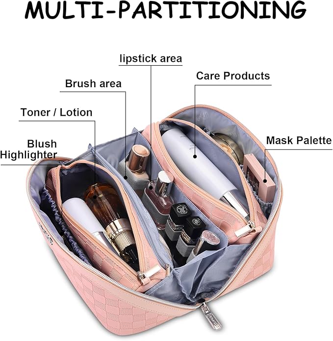 BOYATU Travel Makeup Bag Organizer Cosmetic Bag: 3 Pcs Set Make up Bags for Women with Handle - Waterproof Vegan Leather Toiletry Bags Travel Essentials Pouch with Compartments (01-D-Pink)