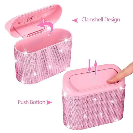 NBTEPEM Bling Pink Car Trash Can with Lid, Mini Auto Garbage Can with 30 Trash Bags, Automotive Garbage Container Bin, Bling Car Accessories Trash Can for Women (Pink Diamond)