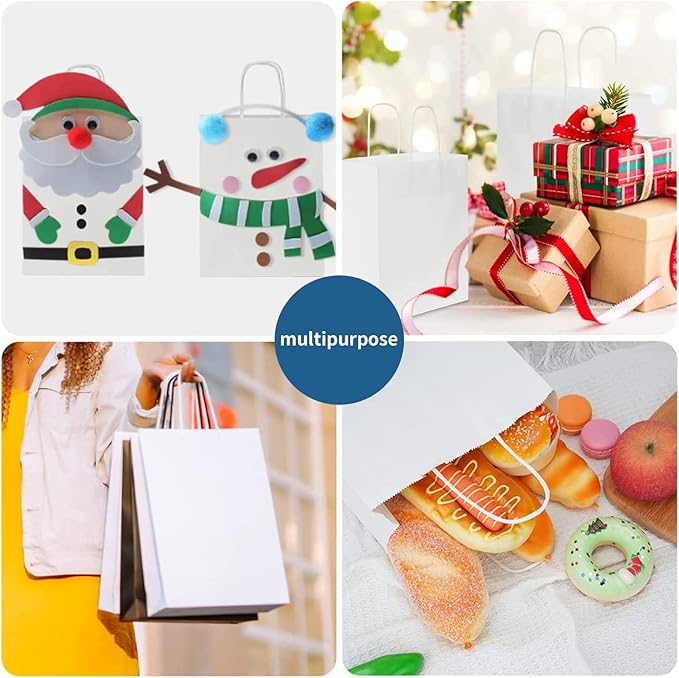 FACEBAG 50 PCS White Paper Bags with Handles Bulk, 8x4.25x10.5 Inches,Medium-sized White Gift Bags with Handles for Party Favors, Take-Out, Grocery Shopping & Retail, Reusable & Durable