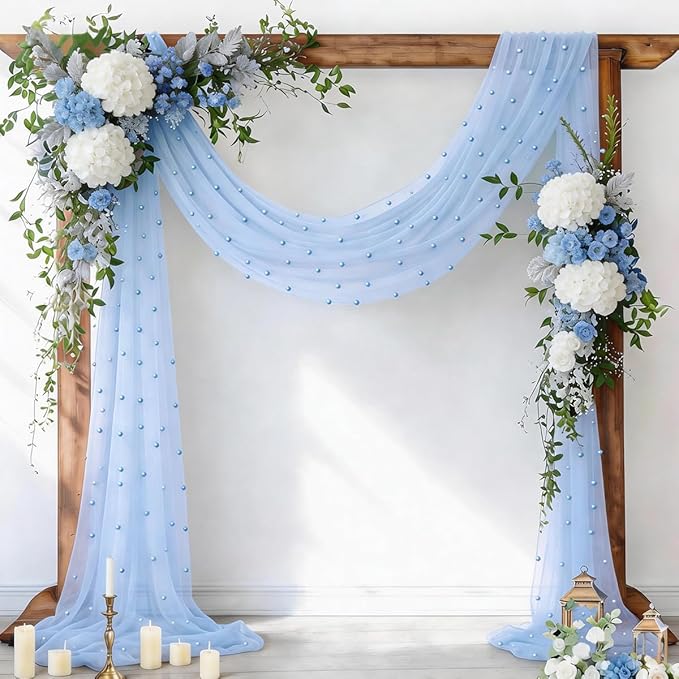 Socomi Pearl Table Runner Blue Summer Wedding Arch Draping Fabric 19FT Sheer Tulle Chiffon Gauze Cheese Cloth Outdoor Drapes for Birthday Party Baby Shower Bridal Engagement Decor