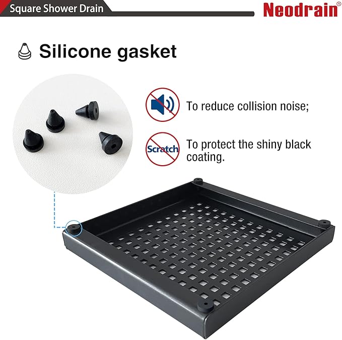 Neodrain 6-Inch Black Shower Drain, Square Drains with Removable Quadrato Pattern Cover, 304 Stainless Steel, Shower Drain Kits with PVC Base&Hair Catcher Strainer, Shiny Black