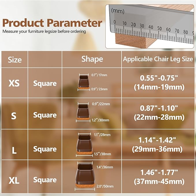 16Pcs Square Chair Leg Floor Protectors with Thickened Felt Pads Silicone Chair Leg Covers Caps to Protect Hardwood Tile Floors Furniture Feet Reduce Noise (Brown XL Fit 1.46"-1.77")