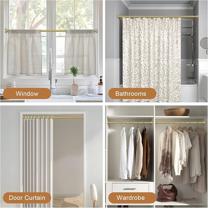 AIZESI Gold Tension Curtain Rod No Drilling 28-50Inch-2PCS,Spring Tension Rod Non-Slip,Bathroom Shower Rod Non-Rust,Adjusatable Tension Rod For Windows Doorway Curtains