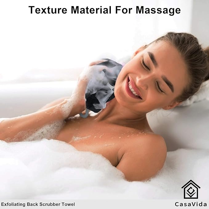 CASAVIDA Back Scrubber for Shower Nylon Bath Towel Washer Exfoliating Washcloth Rear Japanese Stretchable Strap Wash Cloth Body Exfoliation 2 Pack (Gray + Blue)