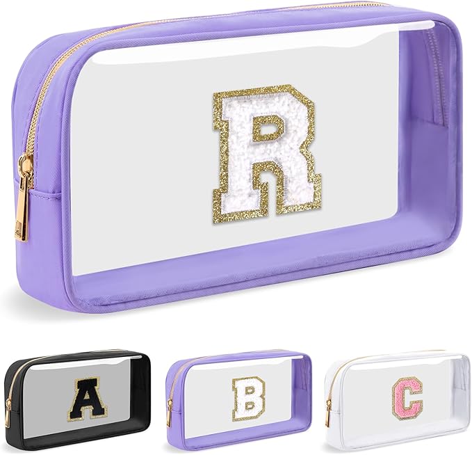 Personalized Initial Letter Clear Makeup Bag, Preppy Small Nylon&PVC Cosmetic Zipper Bag with Chenille Letter, Travel Skincare Toiletry Bag, Monogram Christmas Gift for Teen Girls Women, R