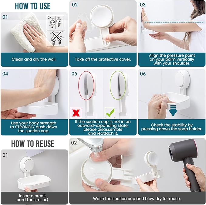 TAILI Suction Cup Soap Holder 2 Pack, Plastic Vacuum Suction Bar Soap Dish for Shower Wall Mounted Drill-Free, Bathroom, Tub, Kitchen Sink, Removable, Universal Kitchen & Bathroom Shower Accessories, White