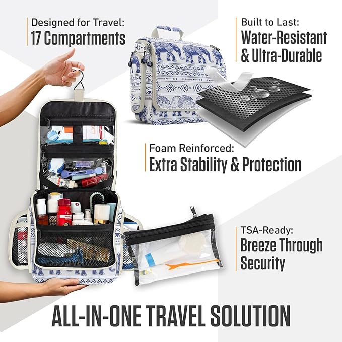 VENTURE 4TH Hanging Travel Toiletry Bag for Women & Men – Large Toiletry Organizer with 17 Compartments, Removable TSA Pouch, Travel Wash Bag for Toiletries, Makeup & Shaving Kit (Blue Elephant)
