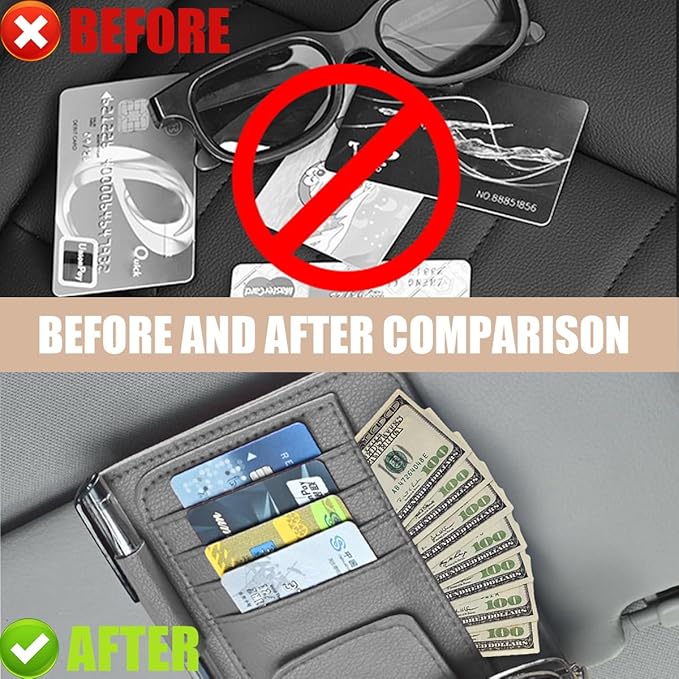 Augeny 2 PCS Car Sun Visor Organizer, Small Auto Visor Organizer and Storage, Registration and Document Holder for Sunglasses, Card, Pen, Driver License, Car Accessories (Gray)