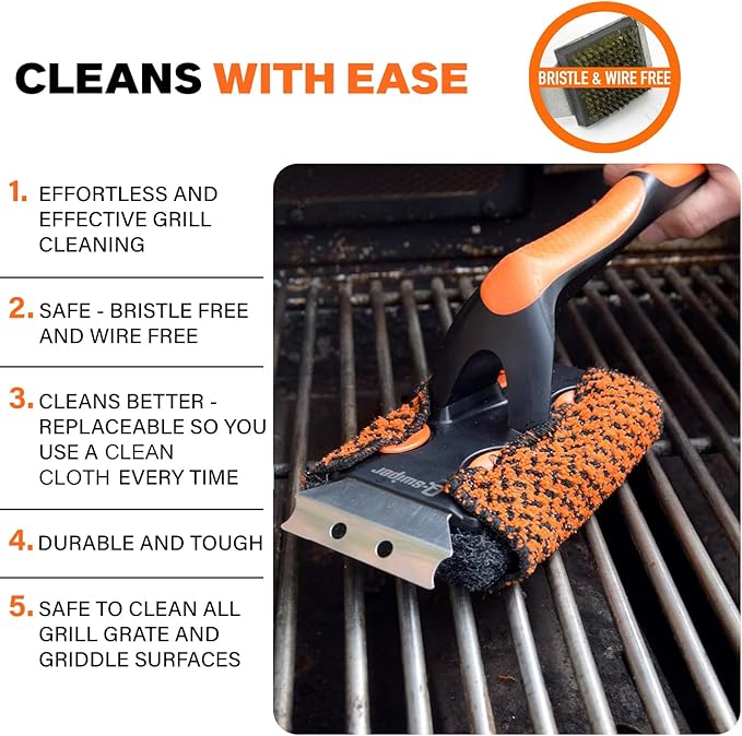 Proud Grill Q-Swiper XL Scrub-Clean BBQ Grill Cleaner Set - Long Bristle-Free Brush with Scraper & Scrub-Clean Reusable Cleaning Cloth, Grease & Grime Remover, Barbecue Cleaner for Outdoor Grilling