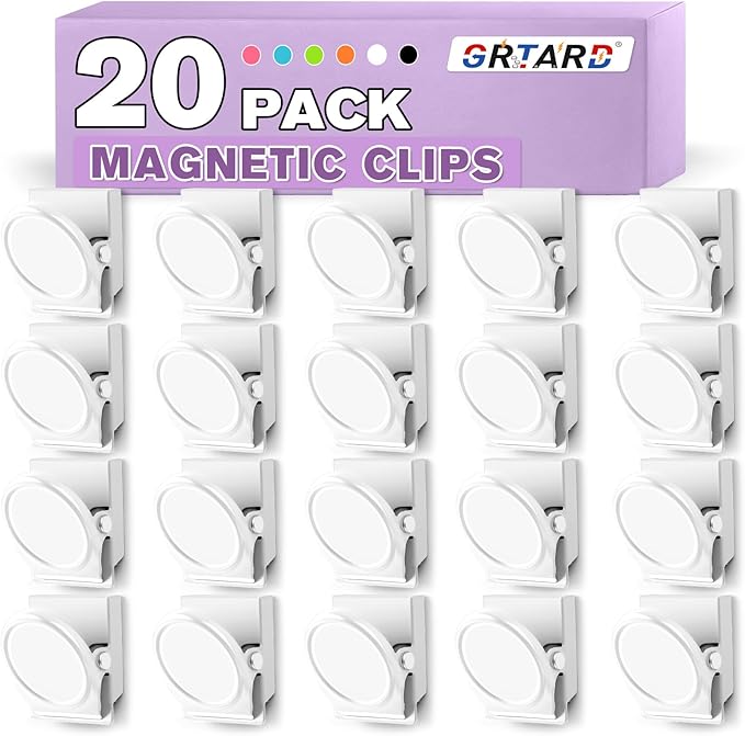 Grtard 20 Pack Magnetic Clip 1.8Inch, White Refrigerator Clip Magnets, Clip with Magnet, Heavy Duty Refrigerator Magnets, Magnet Clips for Whiteboard, Fridge, Note List, Photo Displays, Locker