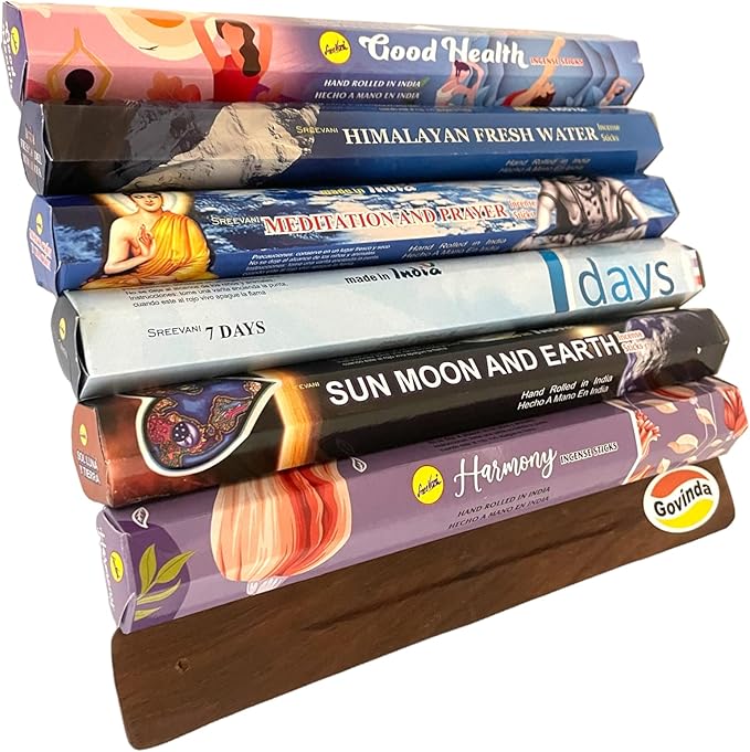 Sreevani Incense Sticks Variety Pack #17 and Incense Stick Holder Bundle Gift Set with 6 Meditation Fragrances
