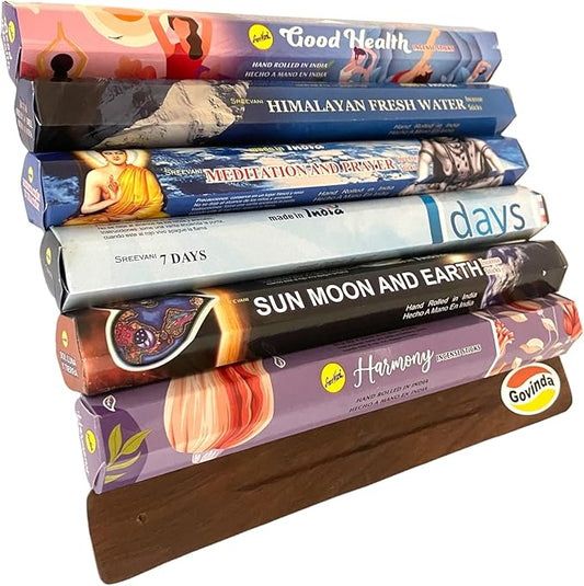 Sreevani Incense Sticks Variety Pack #17 and Incense Stick Holder Bundle Gift Set with 6 Meditation Fragrances