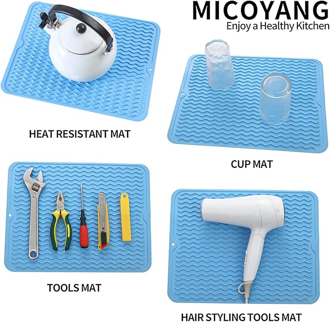 MicoYang Silicone Dish Drying Mat for Multiple Usage,Easy clean,Eco-friendly,Heat-resistant Silicone Mat for Kitchen Counter or Sink,Refrigerator or drawer liner Light Blue L 16 inches x 12 inches