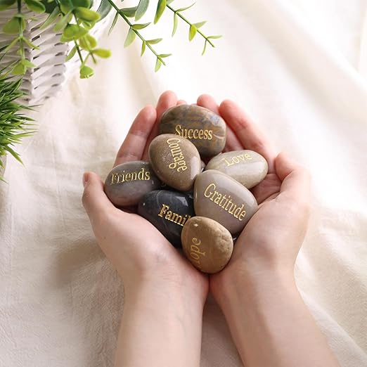 BigOtters Engraved Inspirational Stones, 10 Different Words Encouragement Amulets Gift Stones for Friends and Family as Meditation Decorations Birthday or Holiday Graduation Gift (Pack of 2)
