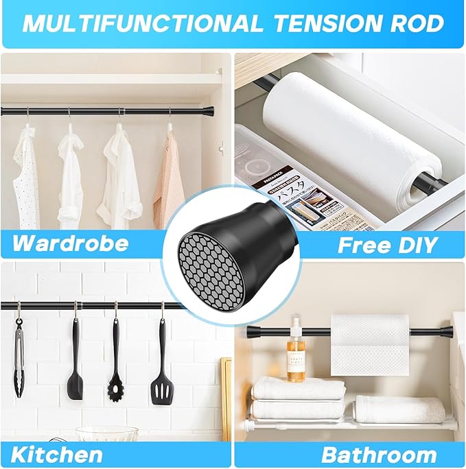 Tension Rod 16 to 26 Inch Adjustable Curtain Rod No Drilling Black Tension Curtain Rod Spring Tension Curtain Rod for Bookshelf Diy Projects Kitchen Cupboard Bathroom Wardrobe 2PCS