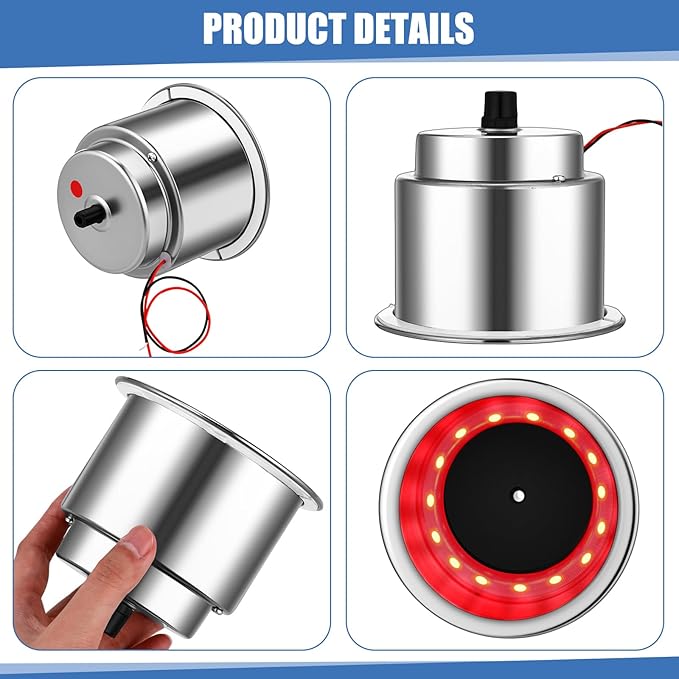 Yexiya 6 Pcs LED Cup Holder Marine Drink Holder Stainless Steel Cup Holders Insert with Drain for Boat Yacht Car Camper Truck RV(Red)