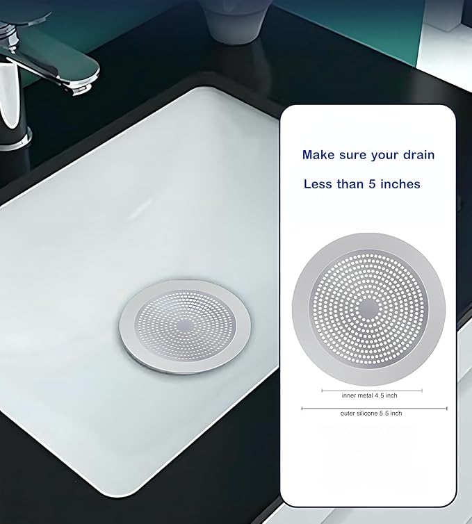 Round Shower Drain Cover Hair Catcher 5.5 inch, Hair Stopper for Bathtub Drain Bathroom Shower Drain Strainer Sink Protector Filter Weighted Stainless and Silicone Shield (5.5 in)