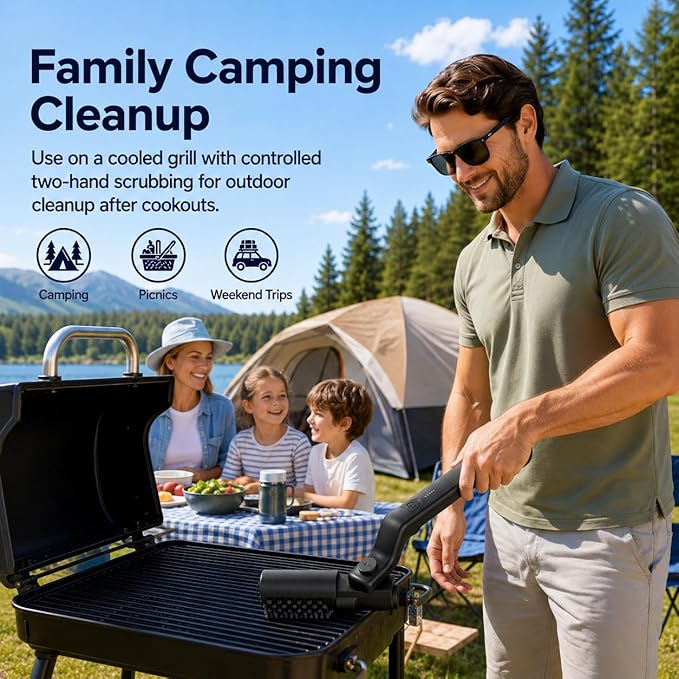 Vahrelo Grillmaster Pro Electric Grill Brush for Outdoor Grill, Cordless Rotary Cleaning Brush with Detachable Heads, Protective Cover, Type C Rechargeable BBQ Tool for Summer Cookouts