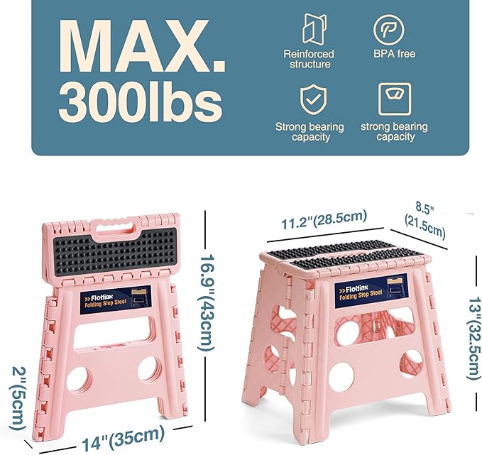 Flottian 13" Folding Step Stool for Adults and Kids Holds Up to 300 lbs,Non-Slip Folding Stools with Handle, Compact Plastic Foldable Step Stool for Bathroom,Bedroom, Kitchen,Sakura Pink,1PC