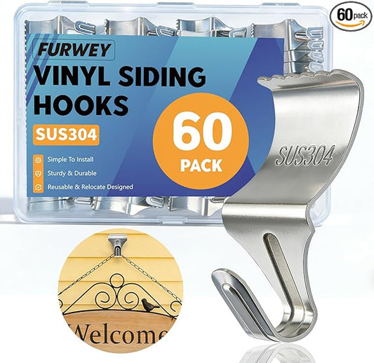 FURWEY 60 Pack Vinyl Siding Hooks, No Hole Vinyl Siding Clips, Heavy Duty Stainless Steel, for Outdoor & Festive Decoration (60P)
