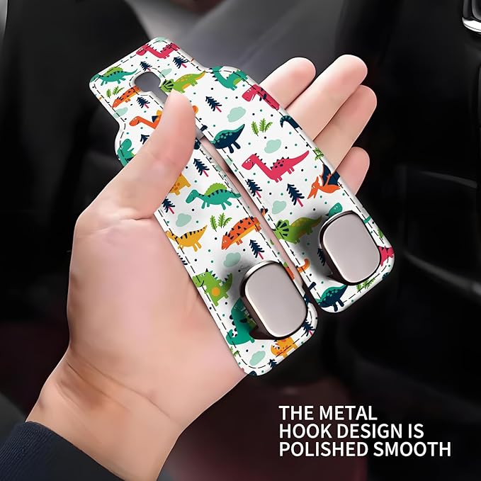 NUGGHU Car Seat Headrest Hook, Universal Leather Cute Hanger Holder Hook, Storage Organizer Interior Accessories for Purse Bags Handbag Colorful Cute Dinosaurs