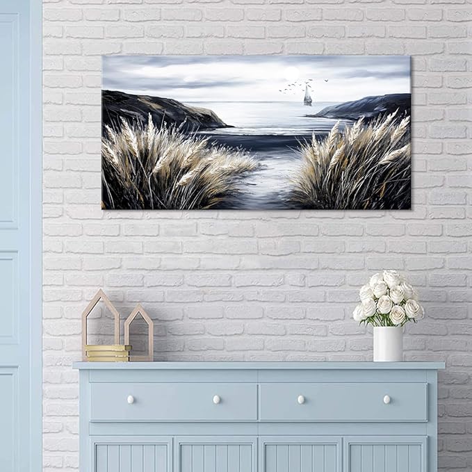 ZESTRILIA Country Beach Coastal Sailboat Wall Art for Living Room Office Black and White Rustic Canvas Painting Prints Vintage Nautical Artwork Dining Bedroom Decor Extra Large (58x28 Inches)