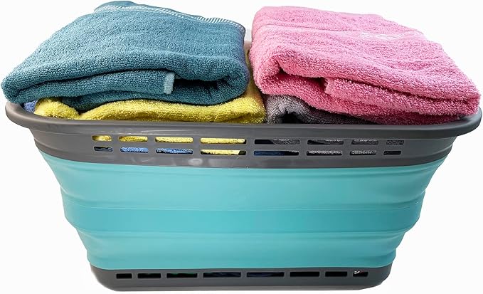 SAMMART 42L (11 Gallons) Collapsible Plastic Laundry Basket - Foldable Pop-Up Storage Container/Organizer - Portable Washing Tub - Space-Saving Hamper/Basket [BPA Free] (Grey/Crystal Blue (Set of 2))