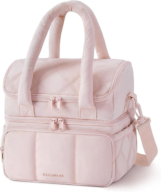 BAGSMART Lunch Bag Women, Double Deck Insulated Lunch Box, Quilted Puffer Lunch Tote, Leakproof, Durable & Reusable Large Lunch Cooler For Work Picnic Travel Meal Prep, Pink