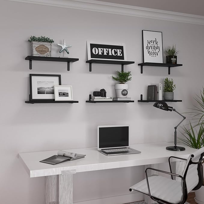 WOPITUES Wood Floating Shelves Set of 6, Shelves for Wall Decor, Farmhouse Shelf for Bedroom, Bathroom Storage Shelves, Book Shelves for Living Room-Black
