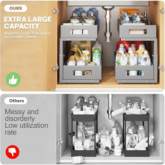 2 Packs 19IN Depth Under Sink Organizer, 2-Tier Pull Out Cabinet Organizer With Smooth Circular Rail, Large Capacity Metal Mesh Sliding Drawers For Bathroom& Kitchen Storage, Height Adjustable–Gun Gray