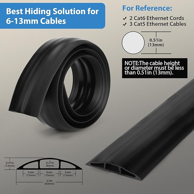 LZEOY 4FT Cord Hider Floor - Grey Floor Cable Hider, Wire Covers for Cords Prevent Cable Trips, Floor Cord Cover, Power Cable Management Cord Protector, Cable Cover Channel 0.6" (W) x 0.31" (H)