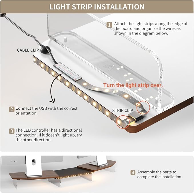 LED Dual Monitor Stand Riser for 2 Monitors,Office Desktop Wooden Stand Adjustable Length and Angle 3 Shelf,Extra Long Multifunctional Stand up to 44.4" for Computer,Laptop,TV,Walnut Finish