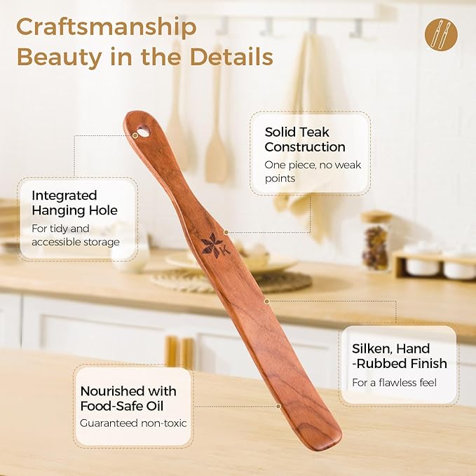 2 Pack Spurtle for Sourdough Starter, Danish Dough Whisk and Jar Spatula, Solid Teak Wood for Mixing, Scraping Jars and Bread Making Tools, Wooden Kitchen Utensils for Non-Stick Cookware