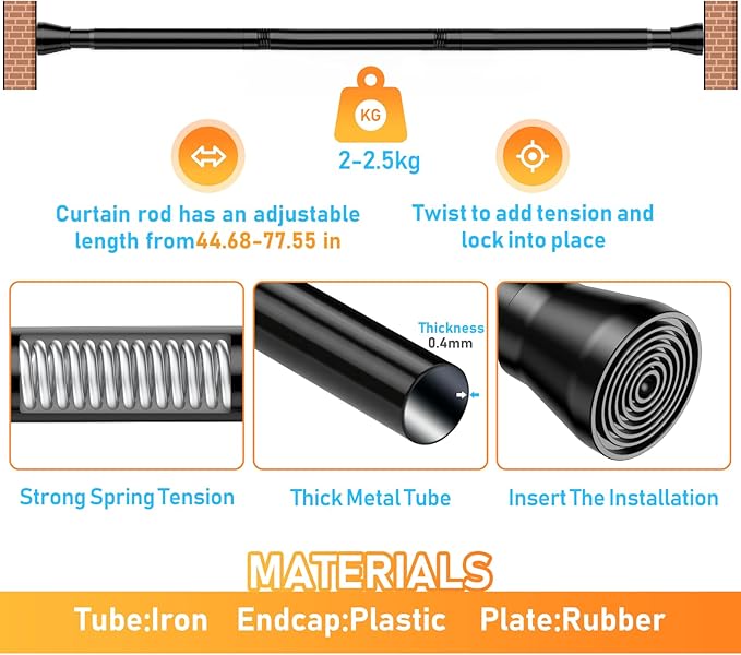 Black Shower Curtain Rod 43 To 73 Inch Tension Shower Rod For Bathroom 7/8" Adjustable Spring Curtain Rod No Drilling Spring Curtain Rod Black Tension Curtain Rods for Windows Doorway Closet